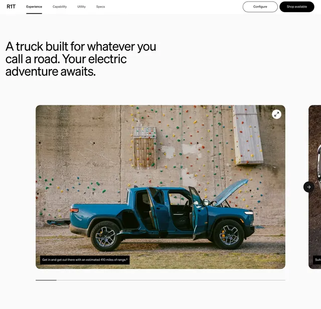 Rivian R1T experience carousel section, minimal, light-mode, light