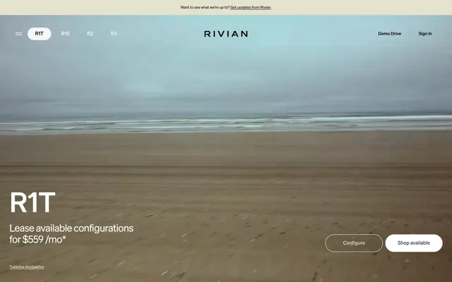 Rivian R1T full-bleed hero, minimal, photographic, light