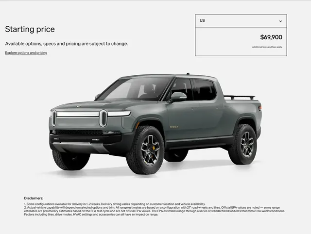 Rivian R1T starting price block, minimal, light-mode, light