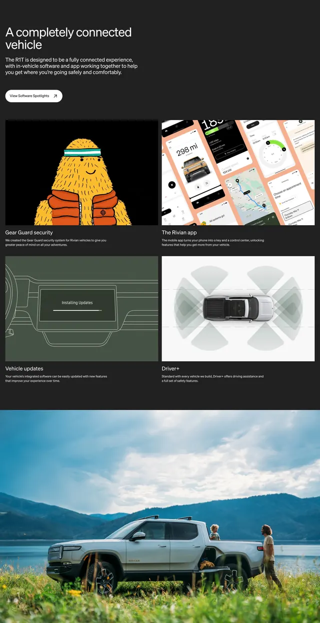 Rivian R1T connected software spotlight, dark-mode, minimal, dark