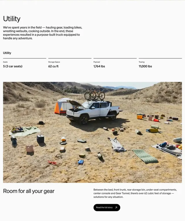 Rivian R1T utility feature section, minimal, light-mode, light