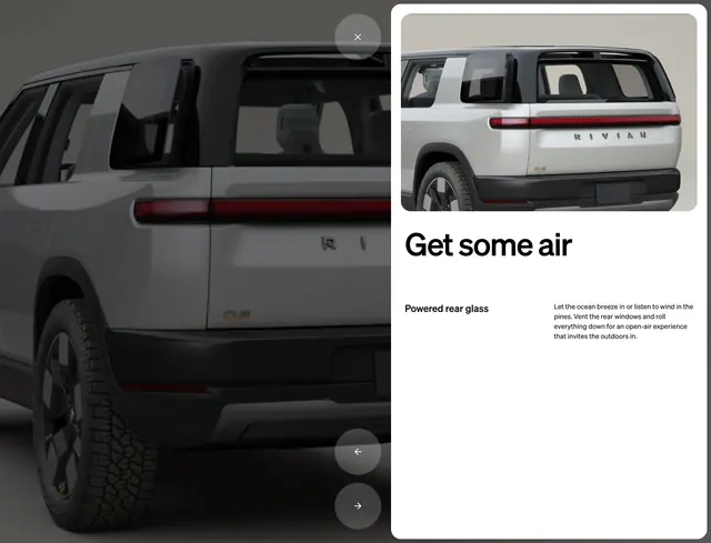 Rivian R2 powered rear glass feature overlay, minimal, light-mode, light