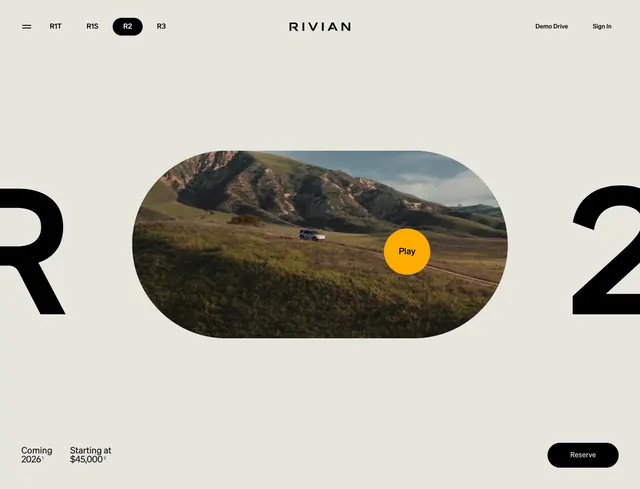 Rivian R2 oversized-type launch hero, minimal, light-mode, light