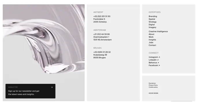 SKINN bento grid agency footer, minimal, light-mode, light