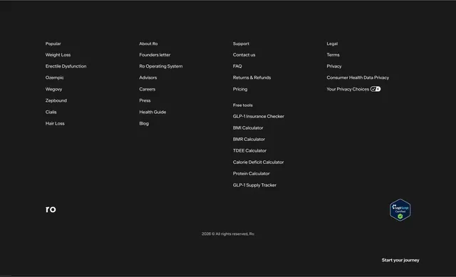 Ro dark multi-column navigation footer, dark-mode, minimal, dark