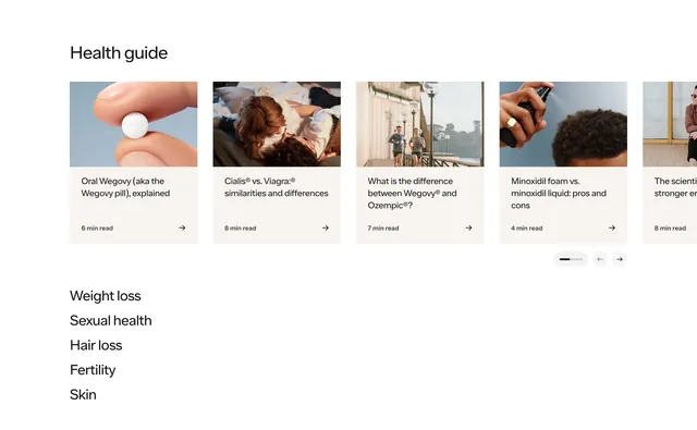 Ro Health guide blog carousel, minimal, light-mode, light