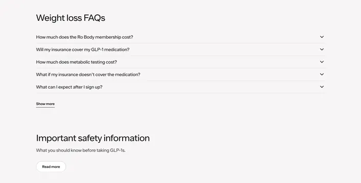 Ro weight loss FAQ accordion, minimal, light-mode, light
