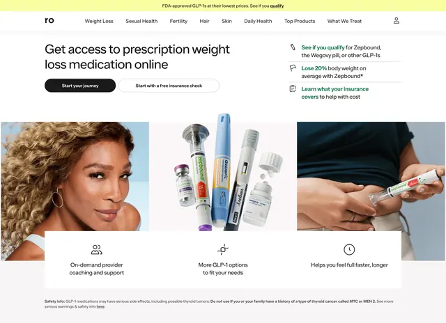 Ro weight loss hero with triptych imagery, minimal, corporate-clean, light