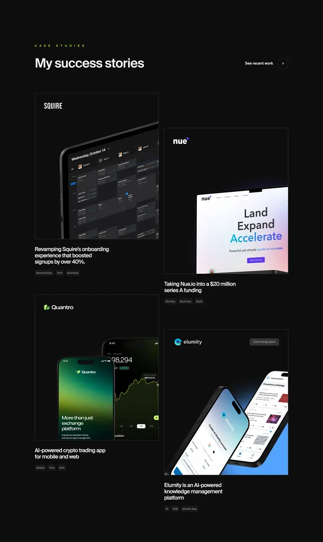 Robin dark case studies portfolio grid, minimal, dark-mode, dark
