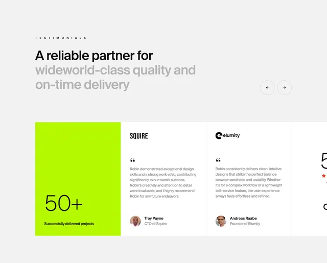 Robin testimonial carousel with stat card, minimal, light-mode, light