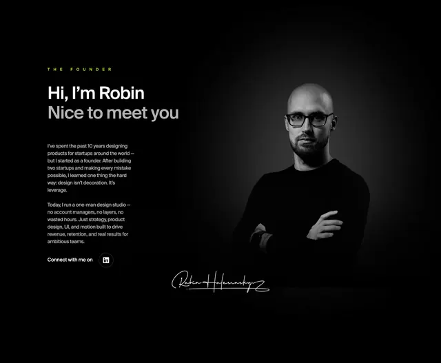 Robin dark founder split with portrait, minimal, dark-mode, dark