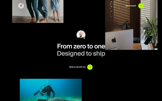 Robin photo collage book-a-call CTA, minimal, dark-mode, dark