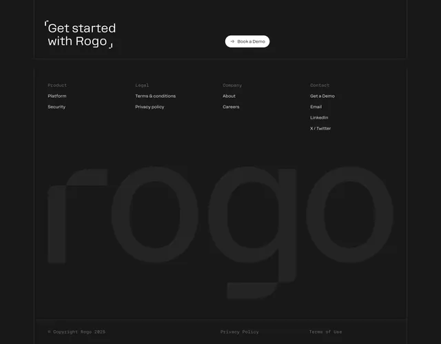 Rogo Footer Section, dark-mode, minimal, dark