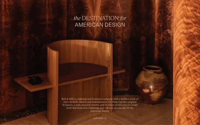 Roll & Hill brand mission over wood interior, editorial, photographic, warm