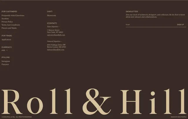 Roll & Hill multi-column footer with oversized wordmark, minimal, editorial, dark