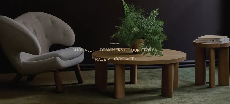 Roll & Hill interior photo hero with centered serif menu, editorial, photographic, dark