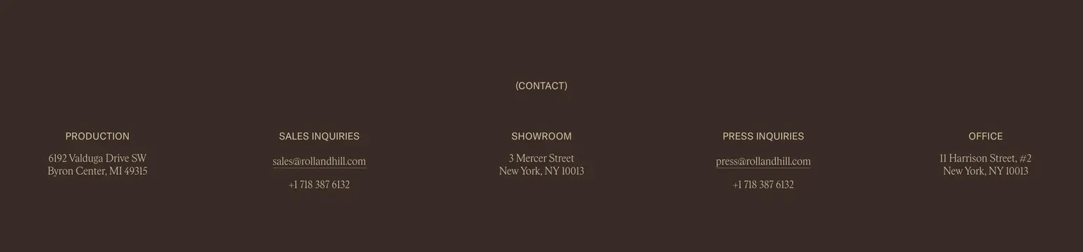 Roll & Hill five-column contact footer, minimal, editorial, dark