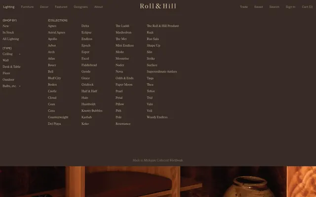 Roll & Hill full-screen lighting mega menu, minimal, dark-mode, dark