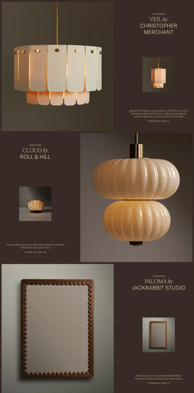 Roll & Hill alternating collection feature rows, minimal, dark-mode, dark