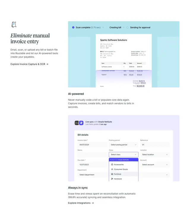Routable invoice capture and OCR features, light-mode, minimal, light