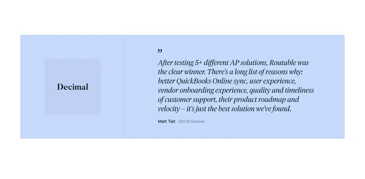 Routable Decimal testimonial, light-mode, minimal, light