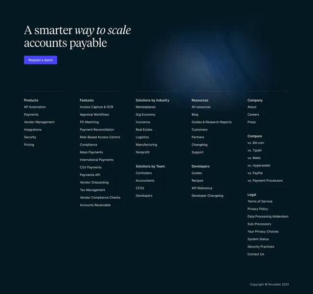 Routable dark mega-footer, dark-mode, corporate-clean, dark