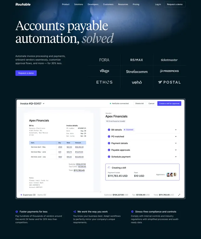 Routable dark serif AP-automation hero, dark-mode, editorial, dark