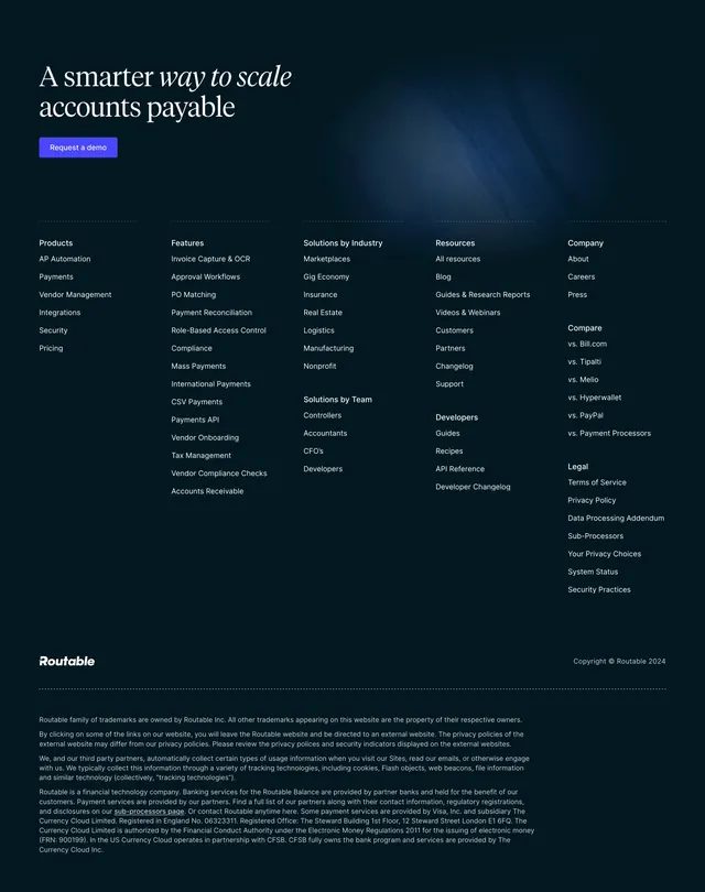 Routable dark mega-footer with CTA, dark-mode, minimal, dark