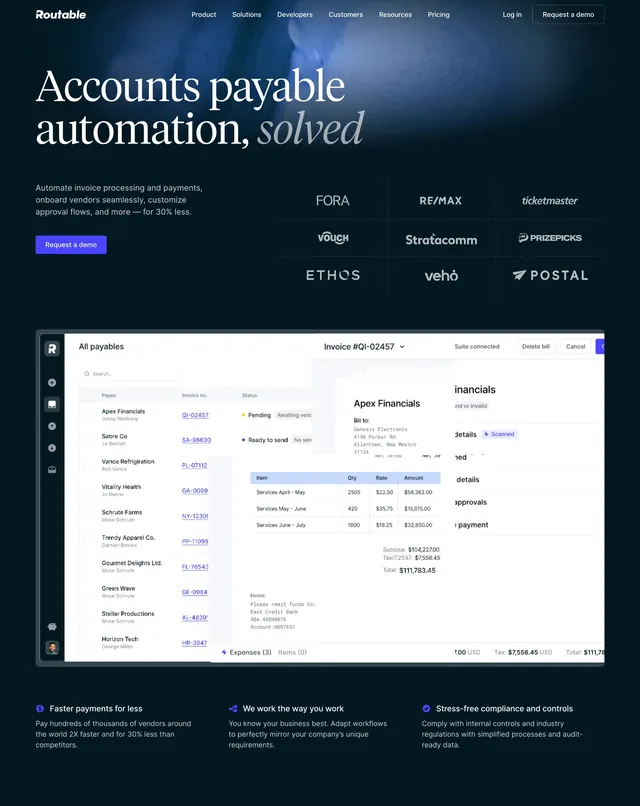 Routable dark AP automation hero, dark-mode, editorial, dark