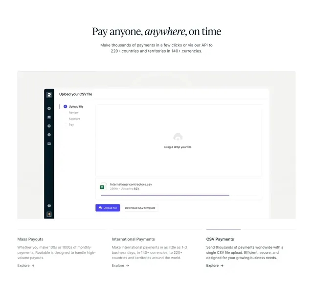Routable CSV payments feature section, light-mode, minimal, light