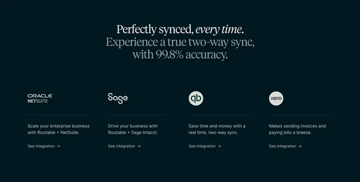 Routable accounting integrations row, dark-mode, minimal, dark