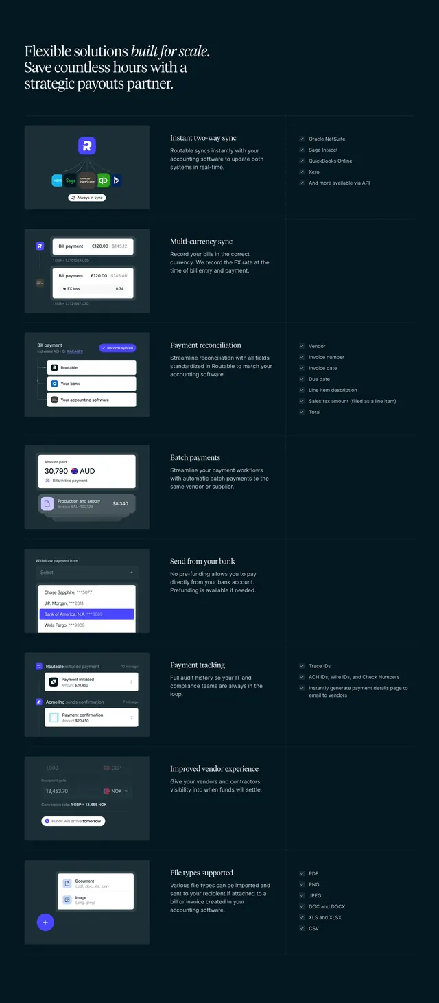 Routable built-for-scale feature list, dark-mode, minimal, dark