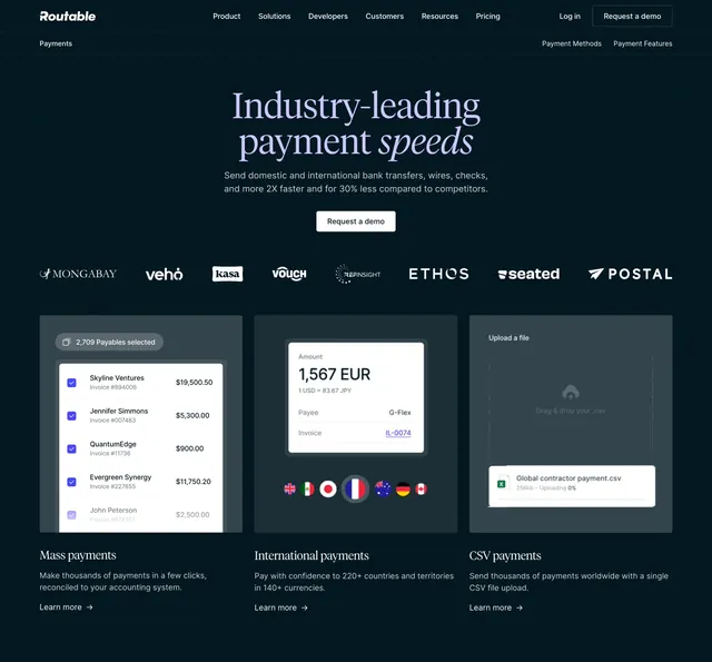 Routable payment page hero, dark-mode, minimal, dark