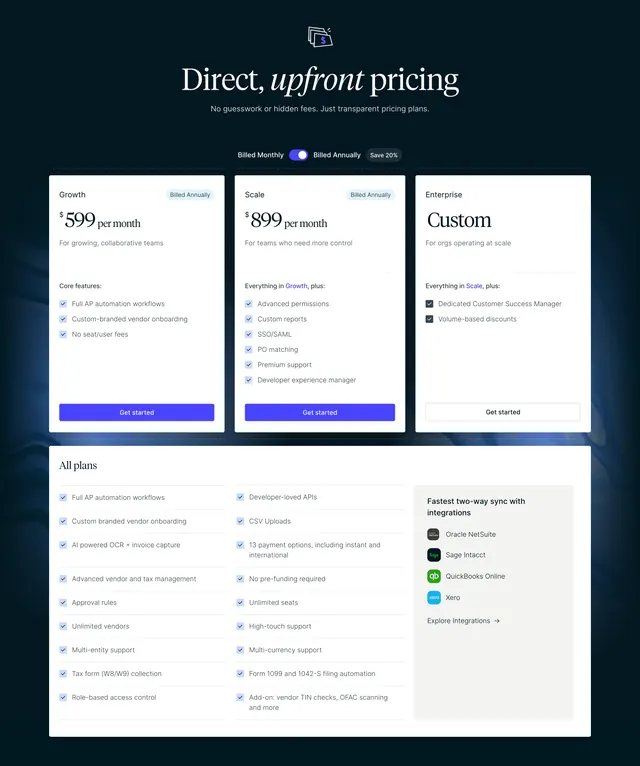 Routable three-tier pricing with feature matrix, dark-mode, editorial, dark