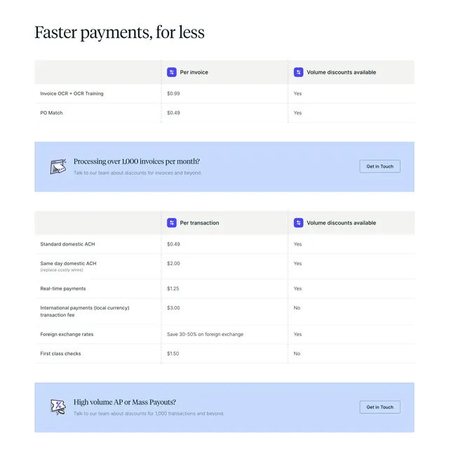 Routable per-unit pricing tables with CTA bands, light-mode, minimal, light