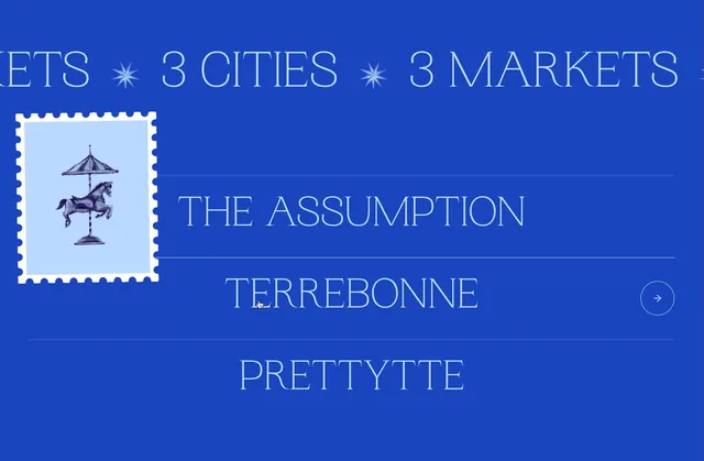 Route city navigation list with hover stamp, editorial, minimal, dark