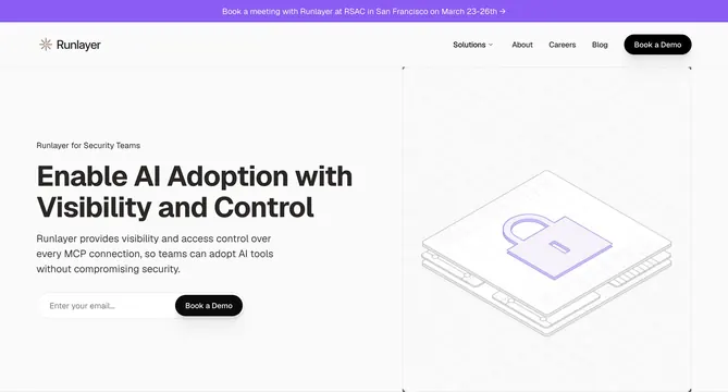 Runlayer AI adoption hero with email CTA, light-mode, minimal, light