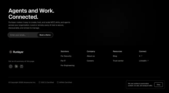 Runlayer footer with email CTA band, dark-mode, minimal, dark