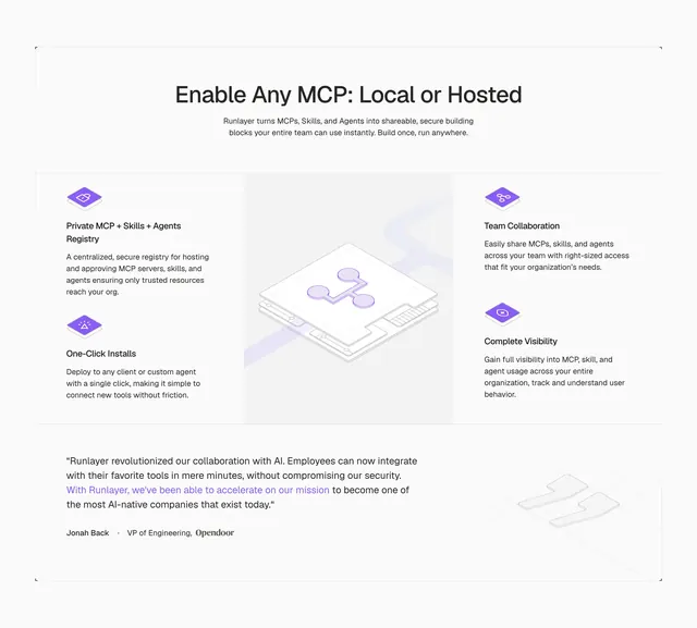 Runlayer MCP capabilities feature grid, light-mode, minimal, light