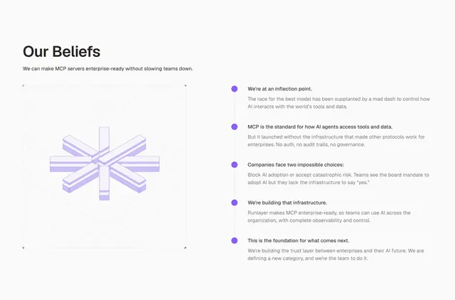 Runlayer beliefs split timeline, light-mode, minimal, light