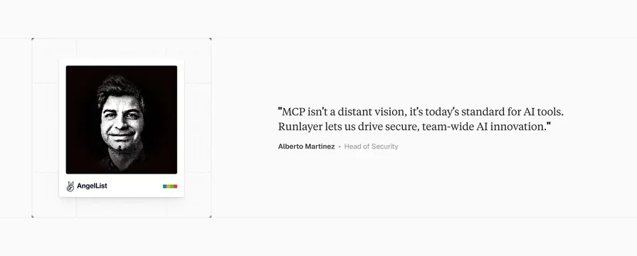 Runlayer split portrait testimonial, light-mode, minimal, light