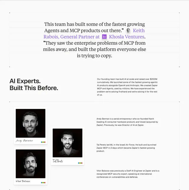 Runlayer founding team polaroid profiles, light-mode, minimal, light