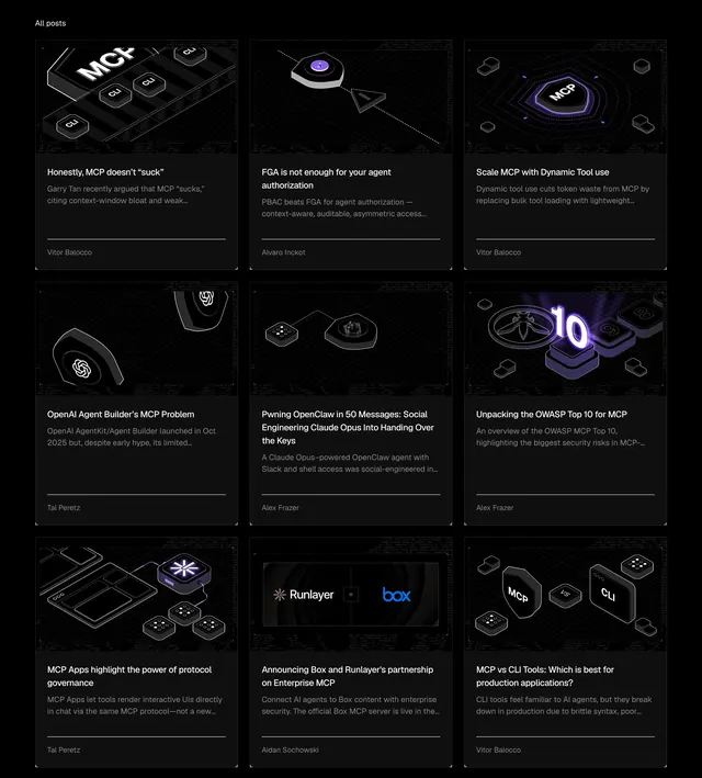 Runlayer dark blog article grid, dark-mode, minimal, dark