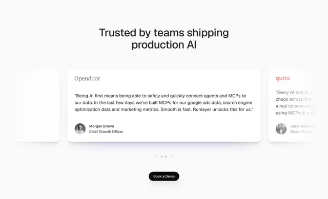 Runlayer social proof testimonial slider, light-mode, minimal, light