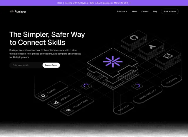 Runlayer value proposition hero display, dark-mode, minimal, dark