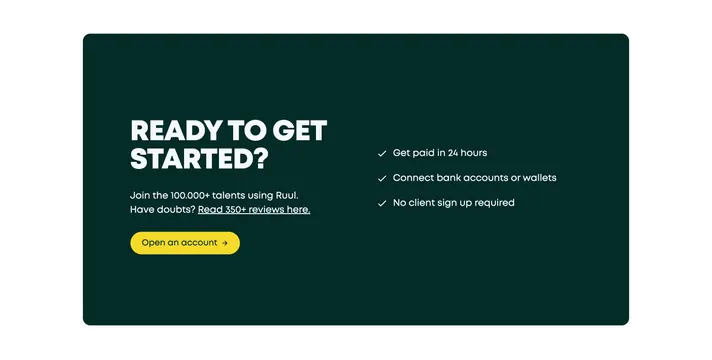 Ruul dark-green CTA card with yellow button, dark-mode, minimal, dark