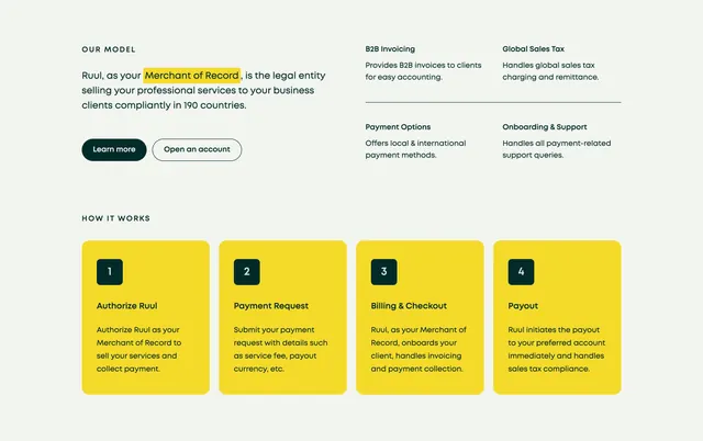 Ruul model explainer with four yellow step cards, light-mode, minimal, light