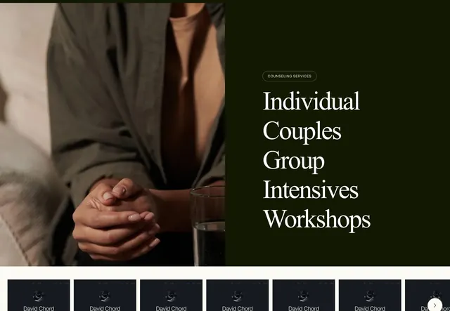 Sage Hill Counseling split services feature, dark-mode, minimal, dark