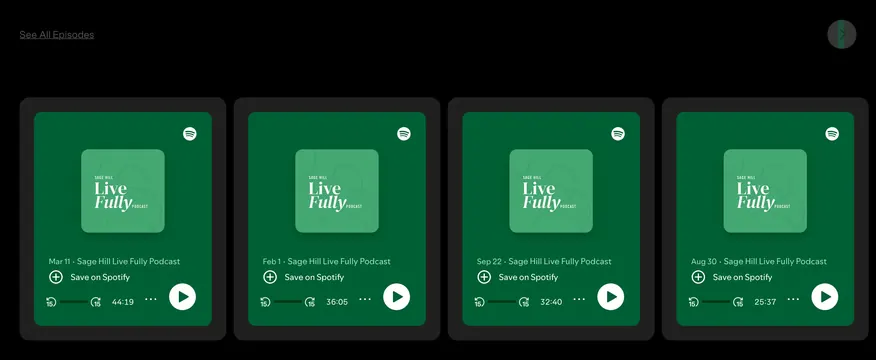 Sage Hill podcast episode carousel, dark-mode, minimal, dark