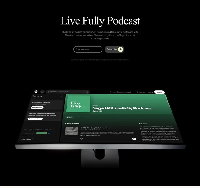Sage Hill Live Fully podcast hero, dark-mode, minimal, dark